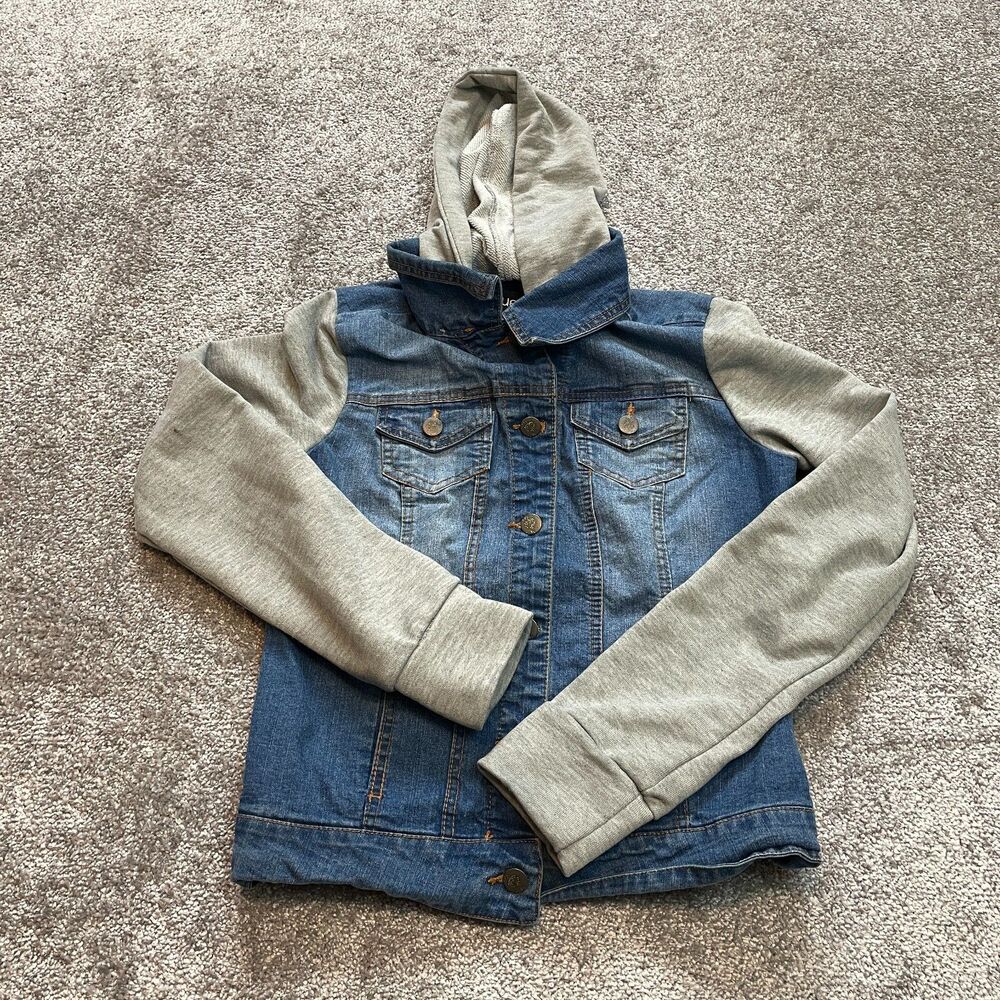 Rue 21 Sweatshirt Denim Jacket Combo Womens Medium Blue Gray Jean Hoodie Button